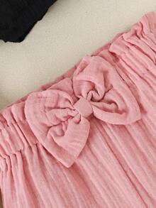 SHEIN Vintaside Kids 女嬰 3件/套 休閒極簡風夏季薄款短褲，親膚棉質皺褶面料高腰燈籠褲附蝴蝶結，寬鬆百搭外穿短褲 - 彩色 - 查看 5