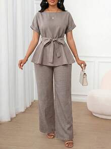 SHEIN Lady 女款時尚簡約繫帶上衣與寬鬆休閒長褲兩件套，適合商務辦公 - 摩卡棕 - 查看 3