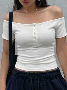 女款夏季露肩短袖街頭休閒基本款T恤，白色日常度假外出上衣 - 白色 - 查看 4