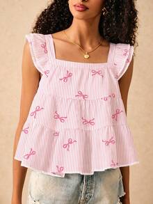 SHEIN Frenchy Women's Square Neck Cap Sleeve Ruffle Trim Summer Striped Butterfly Print Blouse - Multicolor - View 3