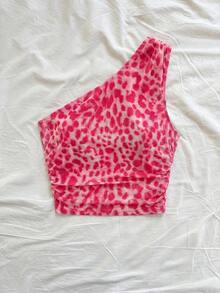 Soleia Top sexy casual de un hombro con fruncido y estampado de leopardo - Rosa - Ver 6