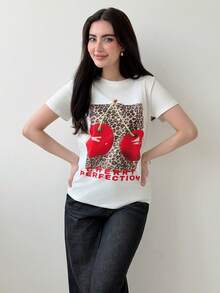 Yasmeen Edit Yasmeen Edit Leopard Print Cherry Graphic Round Neck Casual Short Sleeve T-Shirt For Women White Summer - White - View 6