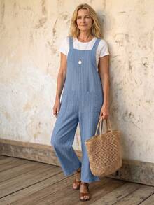 EMERY ROSE Summer Pocket Textured Overall Jumpsuit - Blue - View 3