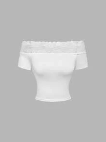 SHEIN MOD Women's Elegant Solid Color Off Shoulder Lace Patchwork T-Shirt, Summer, Short Sleeveslacey Off Shoulder Tops - White - View 5