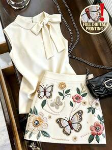 SHEIN Franclia Set estivo da donna con camicia senza maniche con lacci beige elegante & minigonna a trapezio con stampa floreale a farfalla, stile delicato, fresco e versatile, per pendolarismo quotidiano, appuntamenti, viaggi - Multicolore - Visualizzare 4