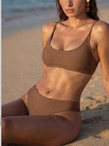 Swim Basics 女士纯色泳装套装，适合度假和海滩穿着 - 棕色 - 查看 1