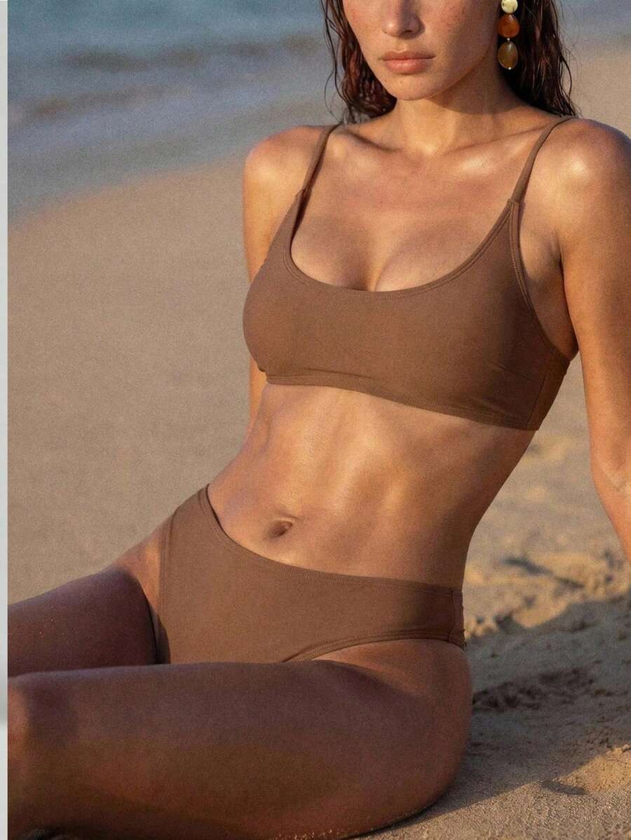 Swim Basics 女士纯色泳装套装,适合度假和海滩穿着 - 棕色 - 查看 1
