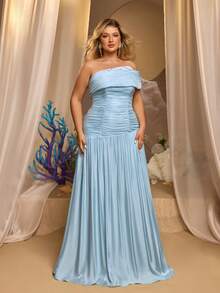 Glamrae Plus Size Elegant Romantic Light Blue Tulle & Satin One-Shoulder Rhinestone Embellished Ruched Mermaid Hem Evening Gown, Suitable For Evening Party, Ball, Vacation, Date, Wedding Event, Guest Dress - Blue - View 9