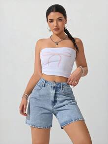 SHEIN Unity Quần short denim nữ dáng rộng, chất liệu denim mài, có túi xéo, thích hợp cho mùa hè. - Rửa nhẹ - Xem 3