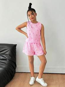 SHEIN 2件組 青少年女孩休閒紋理布料蝴蝶結露背背心上衣與短褲套裝 - 粉色 - 查看 5