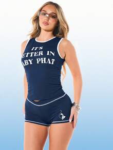 BABYPHAT Jersey Mid-Rise Boy Shorts With Logo Print And Contrast Stitching Detail, World Cup 2026 Sporty Chic Game Day Football Blokecore Streetwear Jersey - Navy Blue - View 3