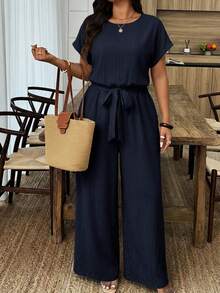 SHEIN Clasi Plus Size Elegant Round Neck Waist-Tie Wide Leg Jumpsuit - Navy Blue - View 2