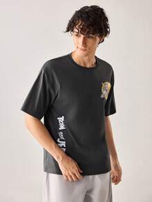 Strevion TOM & JERRY 男士休闲百搭汤姆和杰瑞元素印花短袖T恤 - 深灰色 - 查看 3