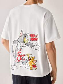 Strevion TOM & JERRY 男士休闲百搭汤姆和杰瑞图案印花圆领短袖T恤 - 白色 - 查看 3
