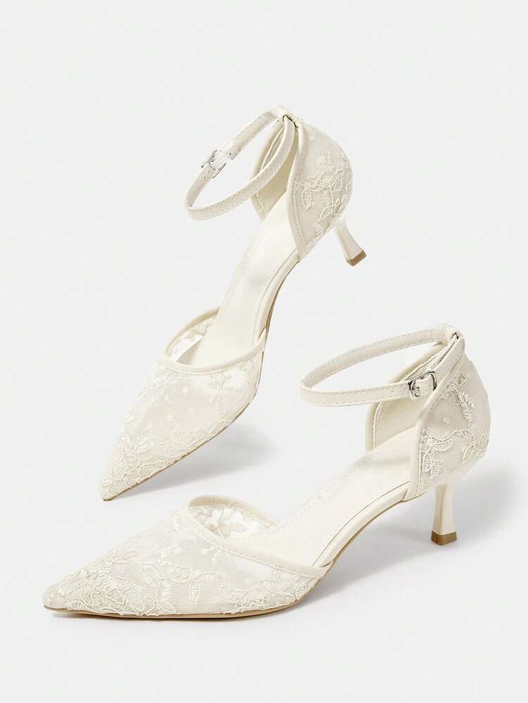 CUCCOO HITCHD Women Shoes Pointed Stiletto Beige Lace Mesh Ankle Strap Sexy Fashion Elegant With Skirt Daily Versatile Banquet Party Ladies High Heel Shoes Back Lift Hollow Shoes