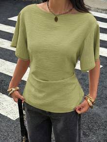 Siren Gaze Women's Textured Solid Color Casual Cinched Waist Pleated Short Sleeve Shirt - Mustard Yellow - View 5