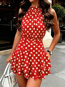 dressdressdressSHEIN PariChic Vestido elegante y romántico de cuello halter, cintura ajustada, vestido corto con volantes plisados en albaricoque y blanco, nuevo vestido de primavera/vedress - Rojo 2 - Ver 6