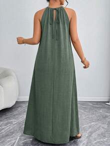 Elenzga Women's Fashion Elegant Solid Color Halter Neck Sleeveless Loose Plus Size Dress ValentinesRed New Year - Green - View 2