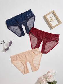 Spicy Aura 3pcs Lace Contrast Mesh Open Crotch Panties - Multicolor - View 1