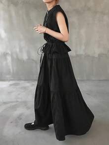 FRIFUL Women's Summer Casual Drawstring Waist Vest & Skirt 2 Pieces Set - Black - View 5