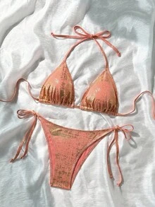 SHEIN Swim 女款夏季海灘金屬質感掛脖綁帶性感比基尼泳衣套裝 - 彩色 - 查看 6