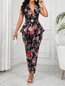 SHEIN Lady Plus Size Women's Floral Print Waist Metal Single Button Sleeveless Jacket And Pants Elegant Suit Set - Black - View 4