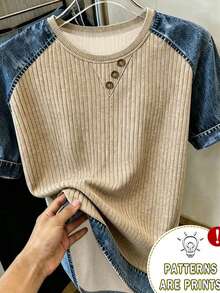 Franclia Women's Round Neck Color Block Casual Versatile Daily Wear Short Sleeve T-Shirt - Brown - View 4