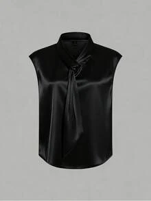 SHEIN Kemeja Lengan Pendek Elegan Berkerah Warna Polos untuk Komuter Musim Panas, Kain Satin, Kemeja Putih, Potongan Longgar, Cocok untuk Komuter, Bisnis, Pesta, Kencan, Kemeja Gaya Musim Semi/Panas - Hitam - View 7