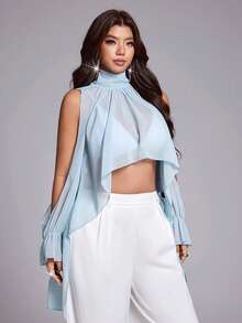 Viva Relle Plus Size Women's Summer Stand Collar Pleated Solid Color Asymmetrical Hem Elegant Sexy Blouse - Blue - View 4