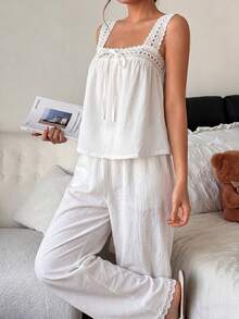 Napfluff White Embroidered Wide Strap Splice Bow Decor Jumpsuit Women Pajama Set - White - View 6