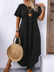 SHEIN LUNE CURVE Plus Size Round Neck Short Sleeve Solid Color Long Dress Maxi Women Outfit - Black - View 4