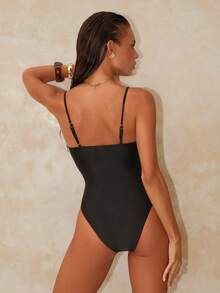 Swim Chiccia Elegant Sexy Solid Color Spaghetti Strap One Piece Swimsuit For Women - Black - View 2