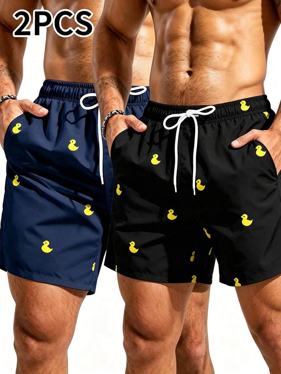 Surfspeed Men's Vacation Cartoon Duck Print Drawstring Waist Beach Shorts Holiday / Vacation / Beach / Hawaii / Tropical / Swim / Bathing - Black - View 1
