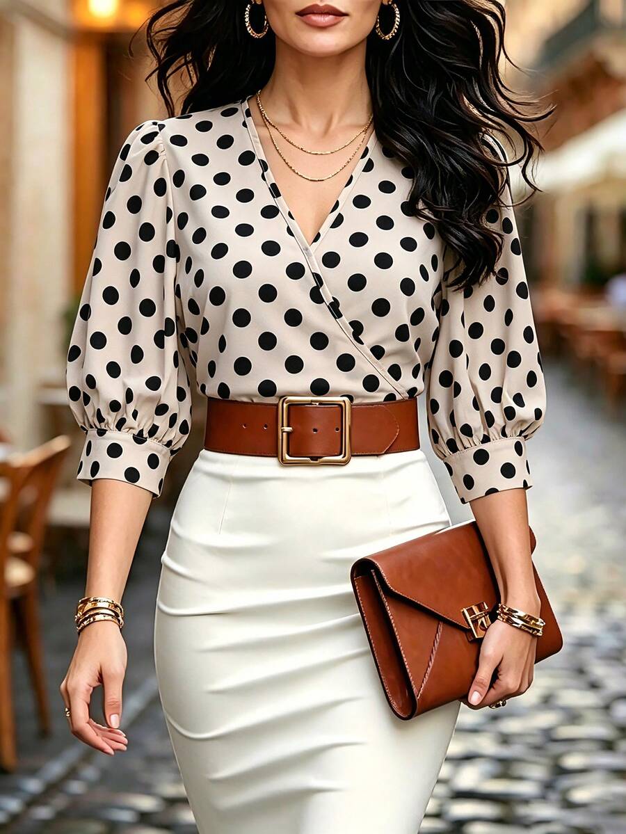 SHEIN LUNE Blusa de mujer de verano con cuello en V, mangas abullonadas, lunares, cintura ceñida, estilo francés romántico para la hora del té - Albaricoque - Ver 1
