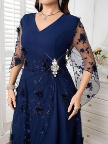 Reflora Plus Size Elegant Party Dress With 3D Floral Decoration Fall - Navy Blue - View 2
