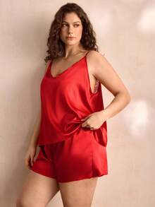Charlaine Plus Contrast Lace Satin PJ Set / Pajama Set - Red - View 5