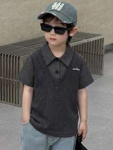 DAZY Young Boy Patchwork Plaid Short Sleeve 2 In 1 Casual Shirt - Grey - View 3