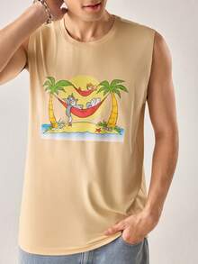 Strevion TOM & JERRY Men's Casual Versatile Beach Hammock & Coconut Tree, Tom And Jerry Element Printed Tank Top - Apricot - View 4