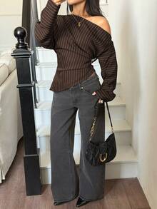 Siren Gaze Women's Striped Asymmetrical Shoulder Casual Versatile Daily Outing Top - Brown - View 4