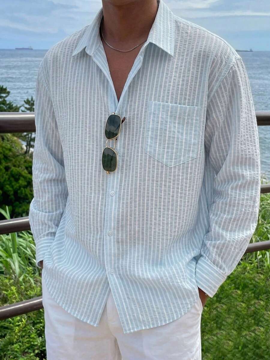 DAZY 春季藍色條紋長袖男士襯衫夏季 - 藍色 - 查看 1