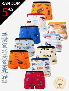 SHEIN Ropa interior para niño escolar, bóxers tipo brief de algodón cómodo y lindo, multicolor, con estampado aleatorio de coche, excavadora y coche de carreras, 5 piezas - Multicolor - Ver 2