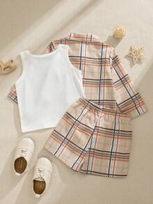 Souflis Souflis 3pcs/Set Baby Boys Casual Fashion Print Pattern Button Long Sleeve Shirt, Round Neck Sleeveless Vest And Shorts Set Suitable For Spring/Summer Vacation, Sports, College, Party And Photography Baby Boys Set Baby Boy Summer Outfit Toddler Boy Clothes Summer Sets Baby Boy Casual Set Summer Wear For Boys - Multicolor - View 7
