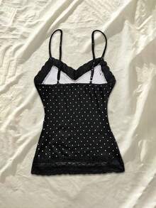 INAWLY Summer Slim Fit Polka Dot Contrast Lace Camisole - Black - View 2