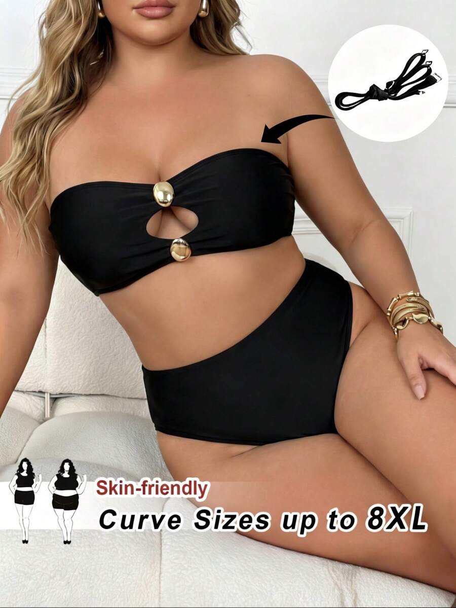 SHEIN CURVE+ Conjunto de bikini bandeau de vacaciones para mujer talla grande - Negro - Ver 1