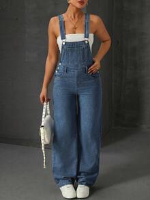 SHEIN EZwear 女式字母贴袋设计休闲阔腿牛仔连体裤 - 霧霾藍 - 查看 2