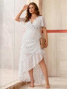 Roveilla Plus Size V-Neck Chiffon Floral Print Ruffle Sleeve Pleated Slit Ruffle Hem Flowy Elegant Vintage Vacation Party Midi Dress - White - View 3