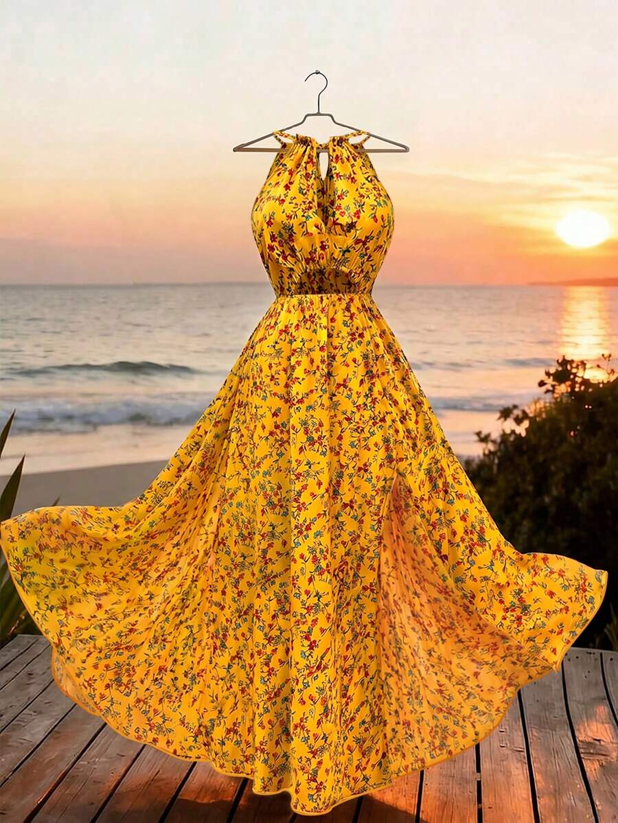 Flirla Plus Size Women's Hollow Neck Slit Spring/Summer Vacation Beach Elegant Retro Burgundy Ditsy Floral Dress - Yellow - View 1