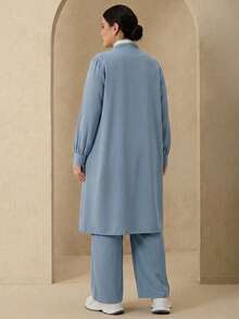 Modelyn 優雅純色拉鍊長袖女款阿拉伯服裝套裝，適合秋冬穿著 - 霧霾藍 - 查看 2