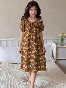 DAZY Round Neck Butterfly Pattern Short Sleeve Loose A-Line Maxi Dress For Tween Girls, Loungewear Summer - Brown - View 4