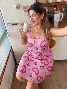 Slumberry CURVE Camisón holgado cómodo de talla grande con estampado de corazón y bloques de color, estilo INS dulce y lindo - Rosa - Ver 5